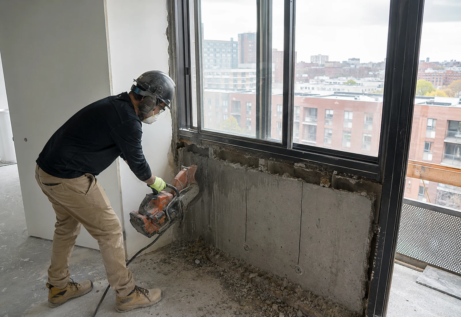 Вырезание бетонной части внешней стены под окном балкона